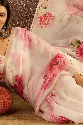 Cream chanderi cotton printed saree with unstitched blouse piece