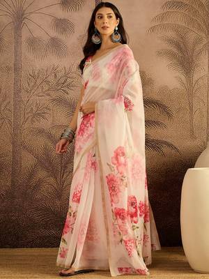 Cream chanderi cotton printed saree with unstitched blouse piece 1