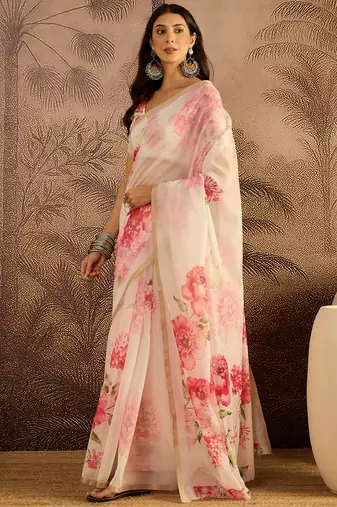 Cream chanderi cotton printed saree with unstitched blouse piece