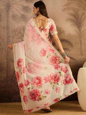 Cream chanderi cotton printed saree with unstitched blouse piece 4