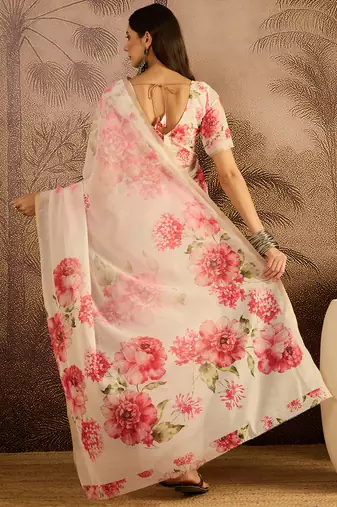 Cream chanderi cotton printed saree with unstitched blouse piece