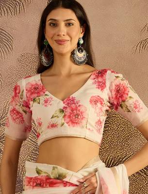 Cream chanderi cotton printed saree with unstitched blouse piece 5