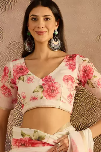 Cream chanderi cotton printed saree with unstitched blouse piece