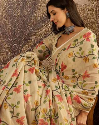 Beige silk blend cotton printed saree with unstitched blouse piece 2