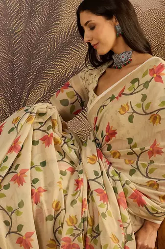 Beige silk blend cotton printed saree with unstitched blouse piece