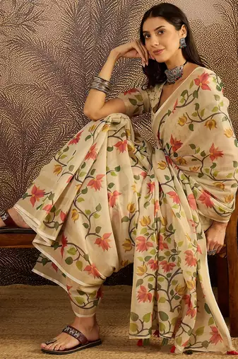 Beige silk blend cotton printed saree with unstitched blouse piece