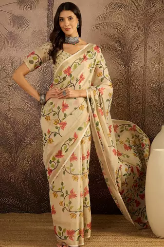 Beige silk cotton printed saree with unstitched blouse piece