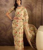 Beige silk cotton printed saree with unstitched blouse piece