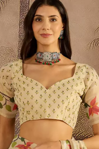 Beige silk blend cotton printed saree with unstitched blouse piece