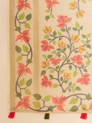Beige silk blend cotton printed saree with unstitched blouse piece 5