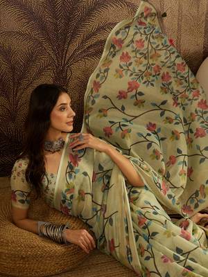 Pista silk blend cotton printed saree with unstitched blouse piece 2