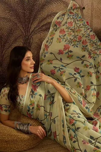 Pista silk blend cotton printed saree with unstitched blouse piece