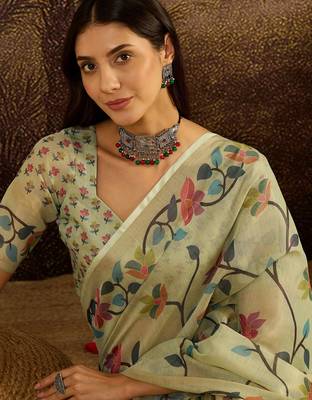 Pista silk blend cotton printed saree with unstitched blouse piece 3