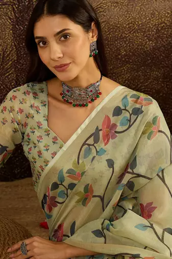 Pista silk blend cotton printed saree with unstitched blouse piece
