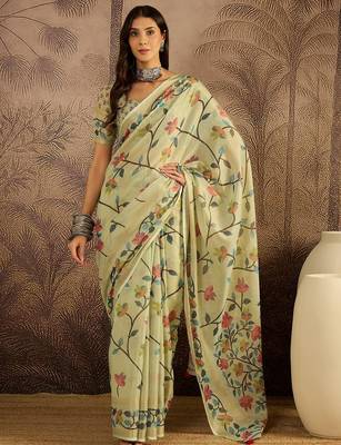 Pista silk blend cotton printed saree with unstitched blouse piece 1