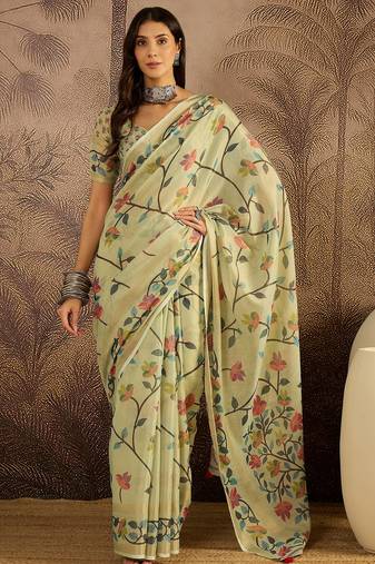 Pista silk cotton printed saree with unstitched blouse piece