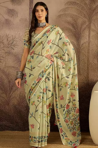 Pista silk cotton printed saree with unstitched blouse piece