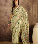 Pista silk cotton printed saree with unstitched blouse piece
