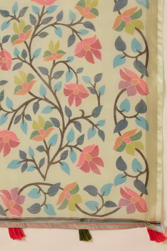 Pista silk blend cotton printed saree with unstitched blouse piece