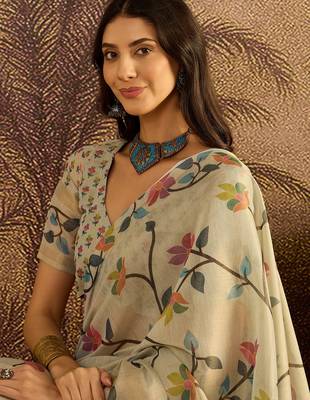 Cream silk blend cotton printed saree with unstitched blouse piece 2