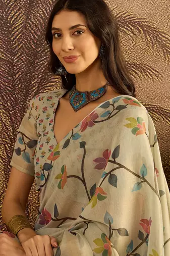 Cream silk blend cotton printed saree with unstitched blouse piece