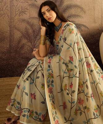 Cream silk blend cotton printed saree with unstitched blouse piece 3