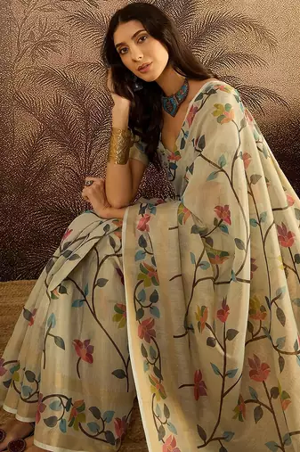 Cream silk blend cotton printed saree with unstitched blouse piece