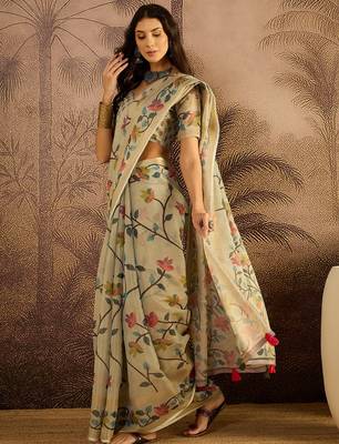 Cream silk blend cotton printed saree with unstitched blouse piece 1