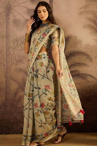 Cream silk cotton printed saree with unstitched blouse piece