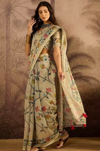 Cream silk cotton printed saree with unstitched blouse piece