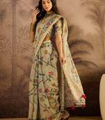 Cream silk cotton printed saree with unstitched blouse piece