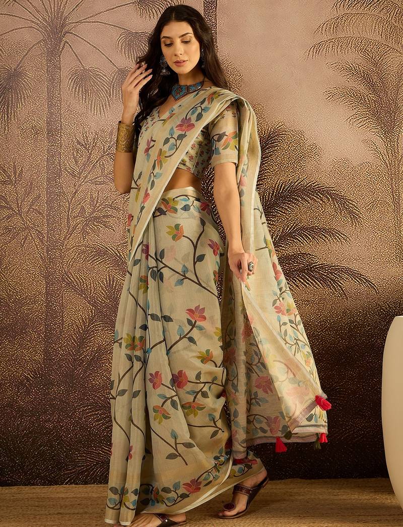 Cream silk cotton printed saree with unstitched blouse piece