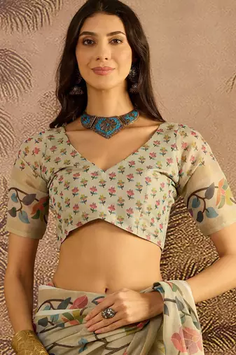 Cream silk blend cotton printed saree with unstitched blouse piece