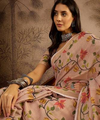Peach silk blend cotton printed saree with unstitched blouse piece 2
