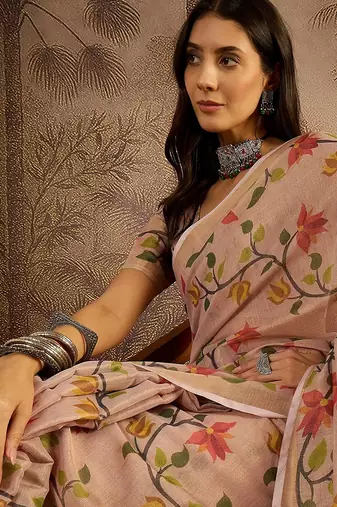 Peach silk blend cotton printed saree with unstitched blouse piece