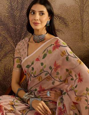 Peach silk blend cotton printed saree with unstitched blouse piece 3