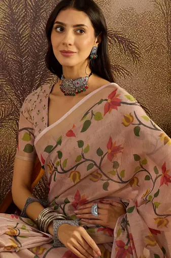 Peach silk blend cotton printed saree with unstitched blouse piece