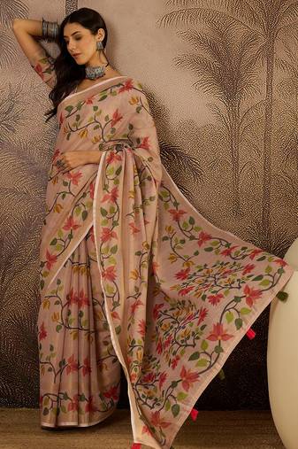 Peach silk cotton printed saree with unstitched blouse piece