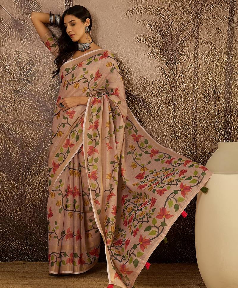 Peach silk cotton printed saree with unstitched blouse piece