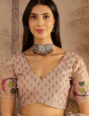 Peach silk blend cotton printed saree with unstitched blouse piece 4