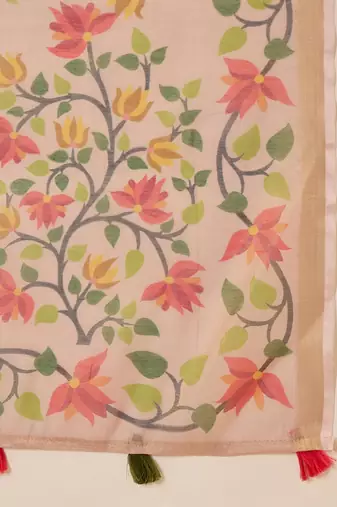 Peach silk blend cotton printed saree with unstitched blouse piece