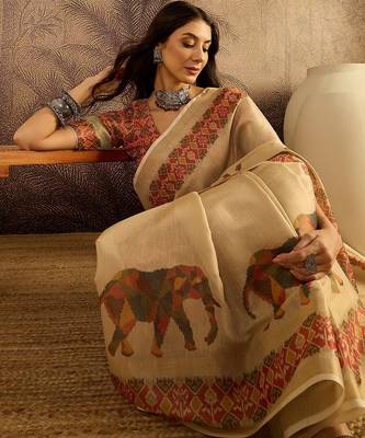 Beige silk blend cotton printed saree with unstitched blouse piece 2