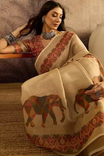 Beige silk blend cotton printed saree with unstitched blouse piece
