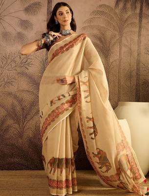 Beige silk blend cotton printed saree with unstitched blouse piece 1
