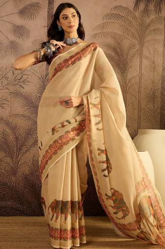 Beige silk cotton printed saree with unstitched blouse piece