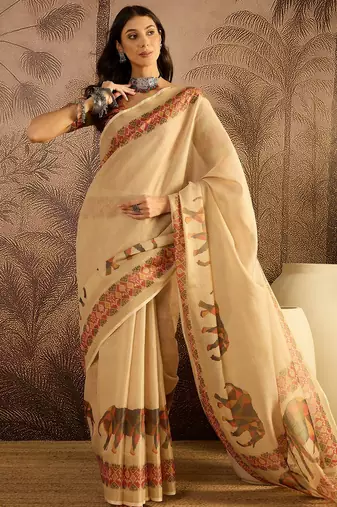 Beige silk cotton printed saree with unstitched blouse piece