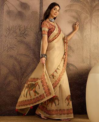 Beige silk blend cotton printed saree with unstitched blouse piece 3
