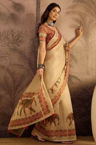 Beige silk blend cotton printed saree with unstitched blouse piece