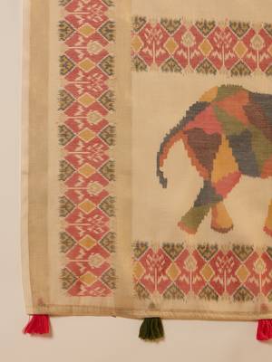 Beige silk blend cotton printed saree with unstitched blouse piece 5