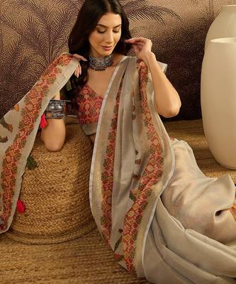 Cream silk blend cotton printed saree with unstitched blouse piece 3